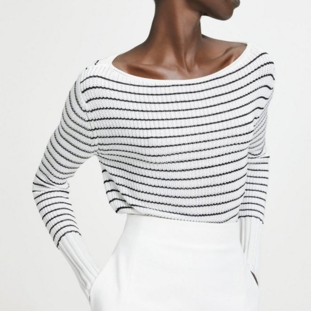 Theory Striped Boat-Neck Pullover Sweater Ivory/Black Size Small